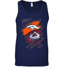Load image into Gallery viewer, Denver Broncos and Colorado Avalanche layer under ripped shirt