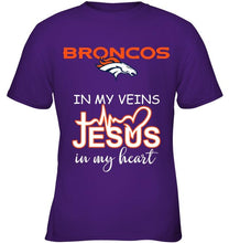 Load image into Gallery viewer, Denver Broncos in my veins jesus in my heart shirt