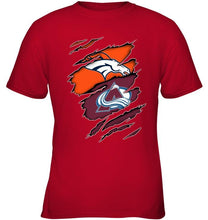 Load image into Gallery viewer, Denver Broncos and Colorado Avalanche layer under ripped shirt