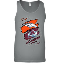 Load image into Gallery viewer, Denver Broncos and Colorado Avalanche layer under ripped shirt