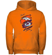 Load image into Gallery viewer, Denver Broncos and Colorado Avalanche layer under ripped shirt