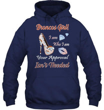 Load image into Gallery viewer, Broncos Girl I am who I am your approval isn't needed Denver Broncos fan high heel glittering shirt