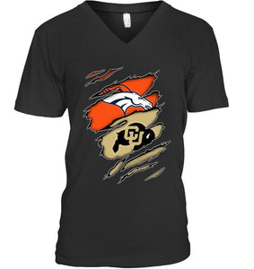 Denver Broncos and Colorado Buffaloes layer under ripped shirt