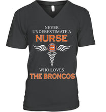 Load image into Gallery viewer, Never underestimate a nurse who loves the Broncos Denver Broncos fan shirt
