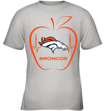 Load image into Gallery viewer, Denver Broncos heartbeat teacher apple shirt
