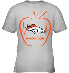 Denver Broncos heartbeat teacher apple shirt