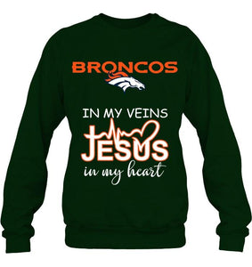 Denver Broncos in my veins jesus in my heart shirt