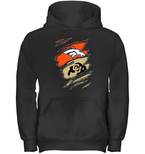 Denver Broncos and Colorado Buffaloes layer under ripped shirt