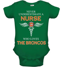Load image into Gallery viewer, Never underestimate a nurse who loves the Broncos Denver Broncos fan shirt
