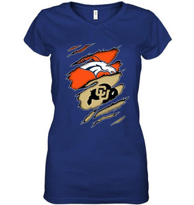 Denver Broncos and Colorado Buffaloes layer under ripped shirt