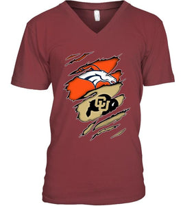 Denver Broncos and Colorado Buffaloes layer under ripped shirt