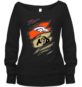 Denver Broncos and Colorado Buffaloes layer under ripped shirt