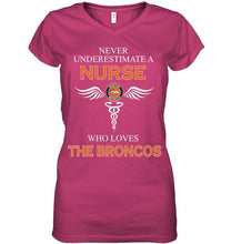 Load image into Gallery viewer, Never underestimate a nurse who loves the Broncos Denver Broncos fan shirt
