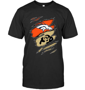 Denver Broncos and Colorado Buffaloes layer under ripped shirt