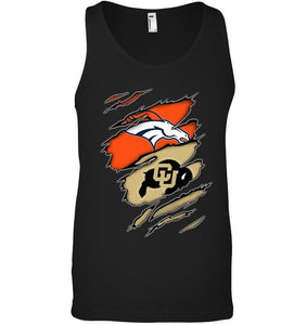 Denver Broncos and Colorado Buffaloes layer under ripped shirt