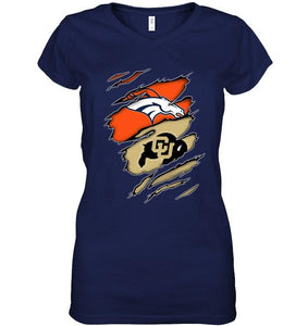 Denver Broncos and Colorado Buffaloes layer under ripped shirt