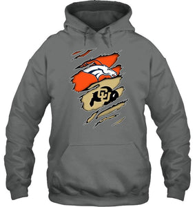 Denver Broncos and Colorado Buffaloes layer under ripped shirt