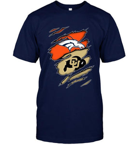 Denver Broncos and Colorado Buffaloes layer under ripped shirt