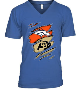 Denver Broncos and Colorado Buffaloes layer under ripped shirt