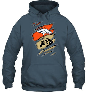 Denver Broncos and Colorado Buffaloes layer under ripped shirt