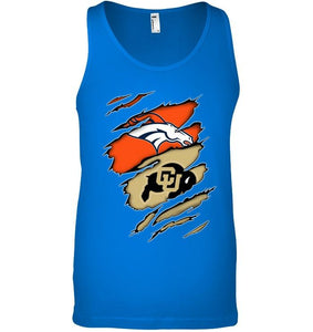 Denver Broncos and Colorado Buffaloes layer under ripped shirt