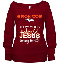 Load image into Gallery viewer, Denver Broncos in my veins jesus in my heart shirt
