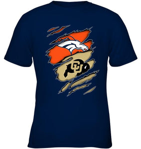 Denver Broncos and Colorado Buffaloes layer under ripped shirt