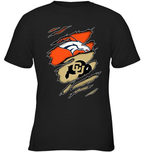 Denver Broncos and Colorado Buffaloes layer under ripped shirt