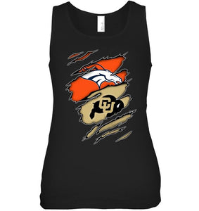 Denver Broncos and Colorado Buffaloes layer under ripped shirt