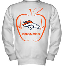 Load image into Gallery viewer, Denver Broncos heartbeat teacher apple shirt
