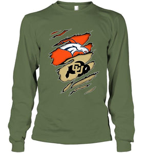 Denver Broncos and Colorado Buffaloes layer under ripped shirt