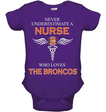 Load image into Gallery viewer, Never underestimate a nurse who loves the Broncos Denver Broncos fan shirt
