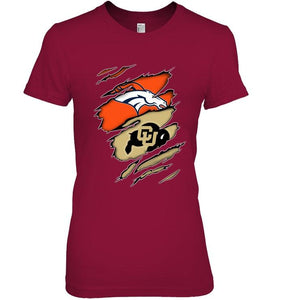 Denver Broncos and Colorado Buffaloes layer under ripped shirt