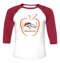 Load image into Gallery viewer, Denver Broncos heartbeat teacher apple shirt
