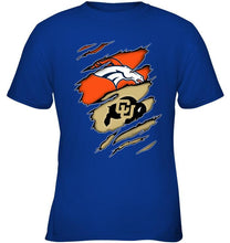 Load image into Gallery viewer, Denver Broncos and Colorado Buffaloes layer under ripped shirt
