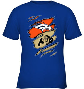 Denver Broncos and Colorado Buffaloes layer under ripped shirt