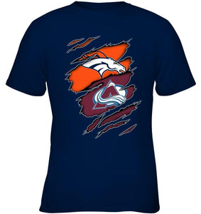 Denver Broncos and Colorado Avalanche layer under ripped shirt