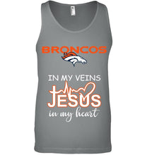 Load image into Gallery viewer, Denver Broncos in my veins jesus in my heart shirt
