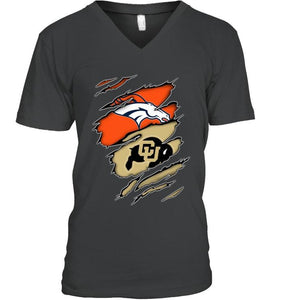 Denver Broncos and Colorado Buffaloes layer under ripped shirt