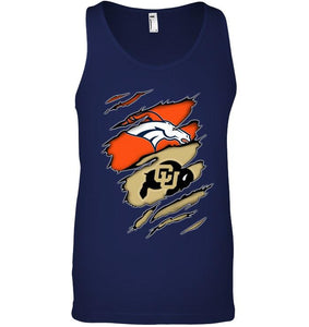 Denver Broncos and Colorado Buffaloes layer under ripped shirt