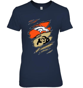 Denver Broncos and Colorado Buffaloes layer under ripped shirt