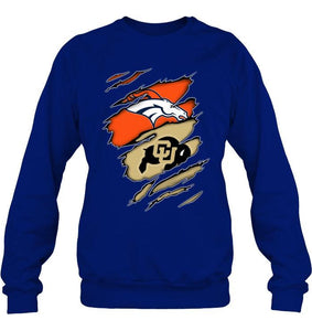 Denver Broncos and Colorado Buffaloes layer under ripped shirt