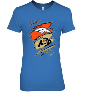 Denver Broncos and Colorado Buffaloes layer under ripped shirt