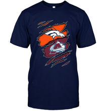 Load image into Gallery viewer, Denver Broncos and Colorado Avalanche layer under ripped shirt
