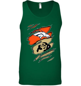 Denver Broncos and Colorado Buffaloes layer under ripped shirt