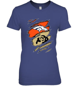 Denver Broncos and Colorado Buffaloes layer under ripped shirt